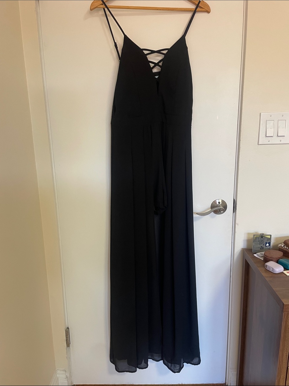 Spaghetti Strap Black Romper with Sheer Open Front Skirt and Lattice Top Formal